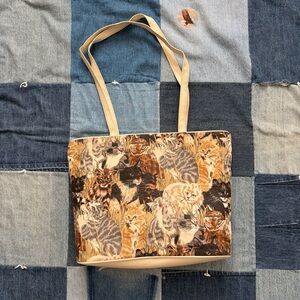 vtg cat print tote bag cottage AOP leather accents